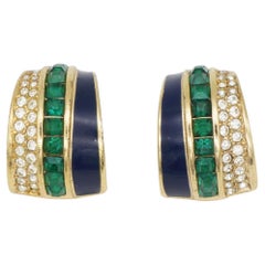 Christian Dior GROSSE 1970s Large Navy Cube Emerald Crystals Dome Hoop Earrings