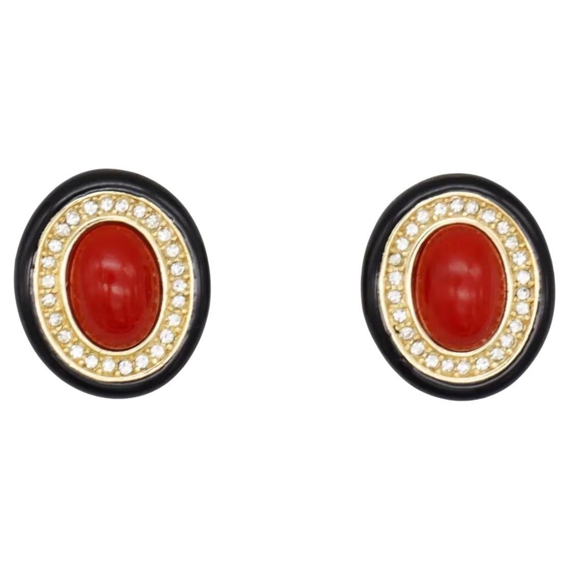 Christian Dior GROSSE 1970s Large Pearl Crystals Red Black Oval Clip Earrings