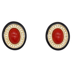 Christian Dior GROSSE 1970s Large Red Black Oval Pearl Crystals Clip Earrings