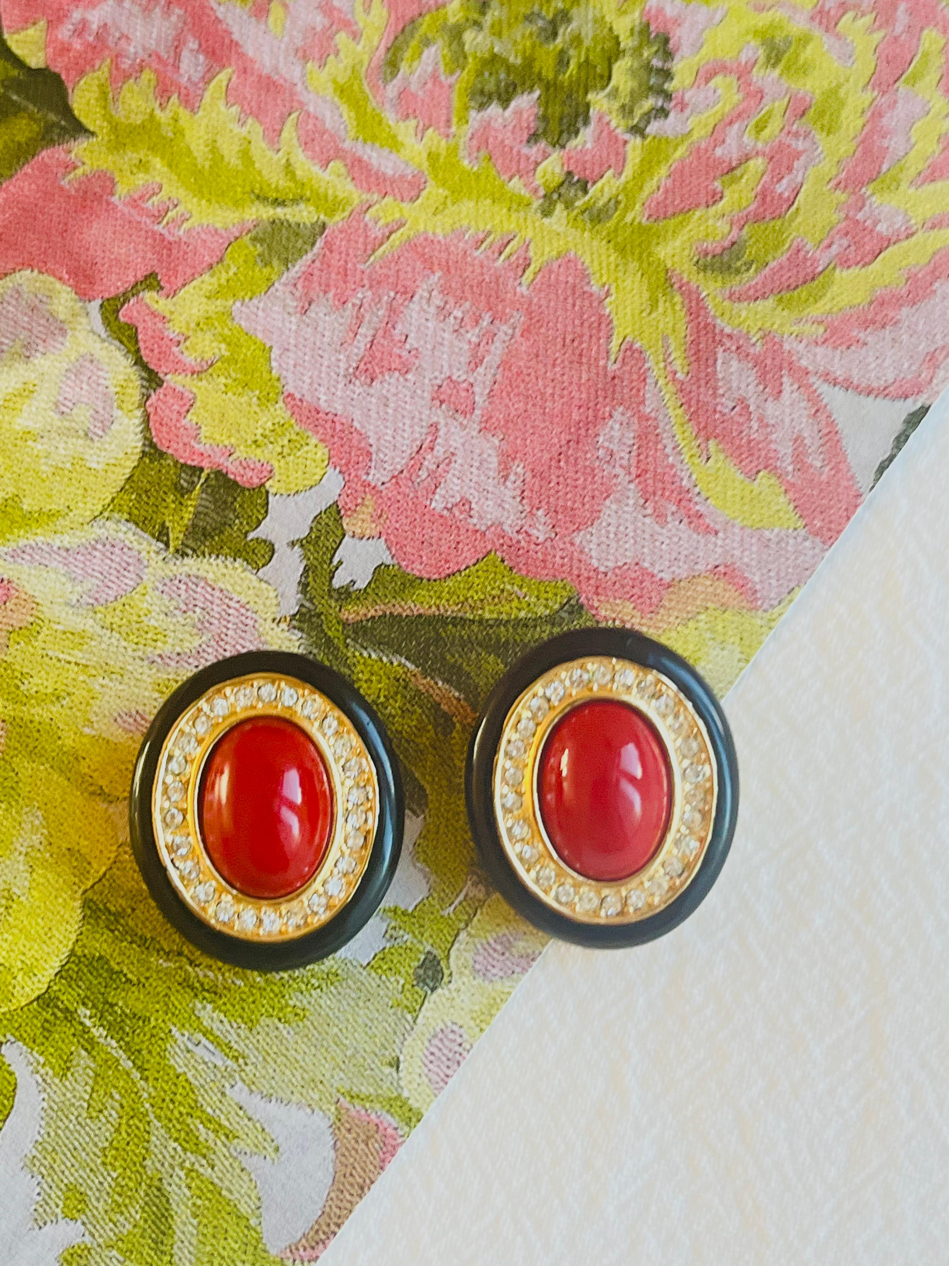 Art Nouveau Christian Dior GROSSE 1970s Large Red Oval Pearl Crystals Black Clip Earrings For Sale
