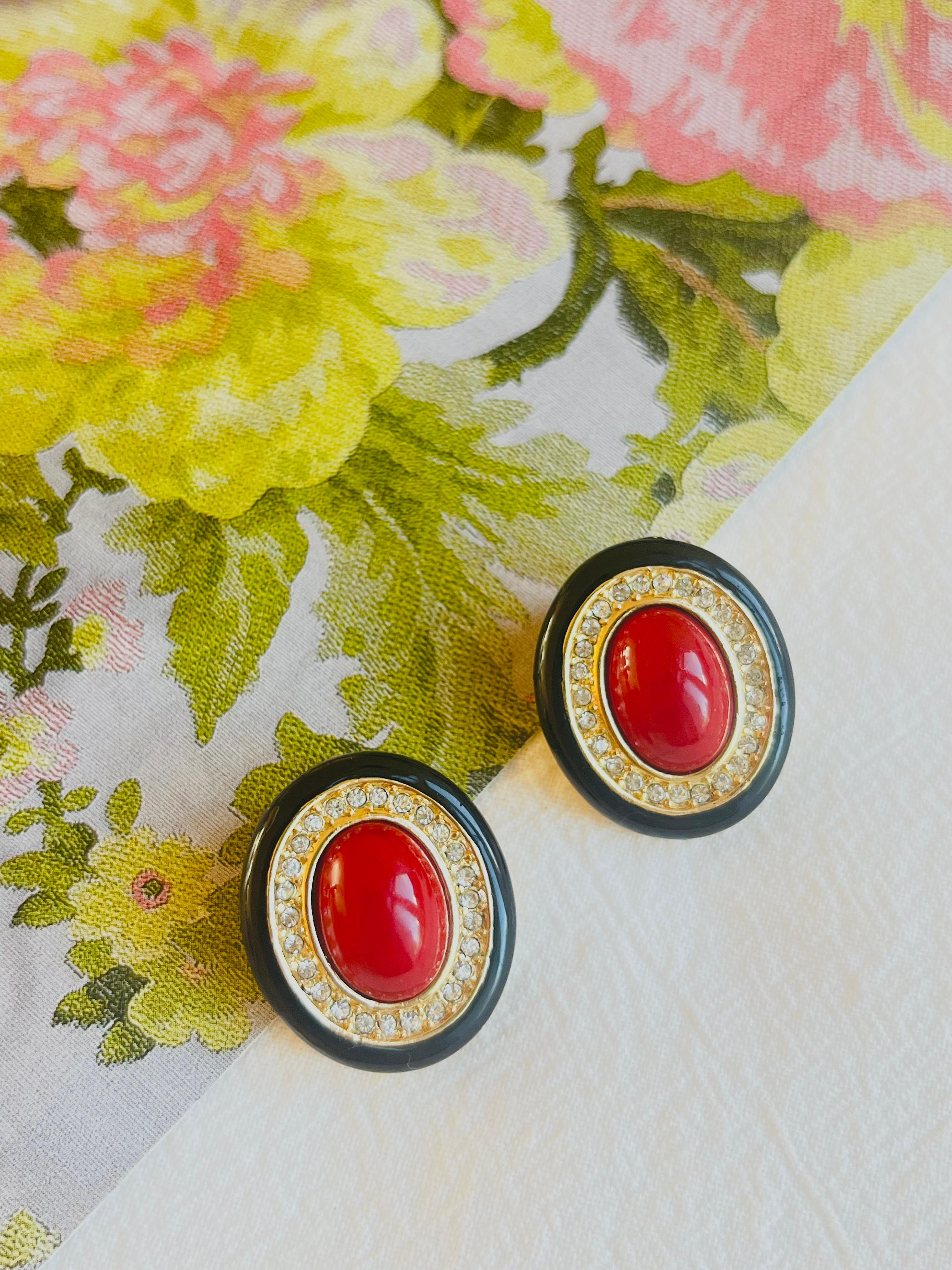 Art Deco Christian Dior GROSSE 1970s Large Red Oval Pearl Crystals Black Clip Earrings For Sale
