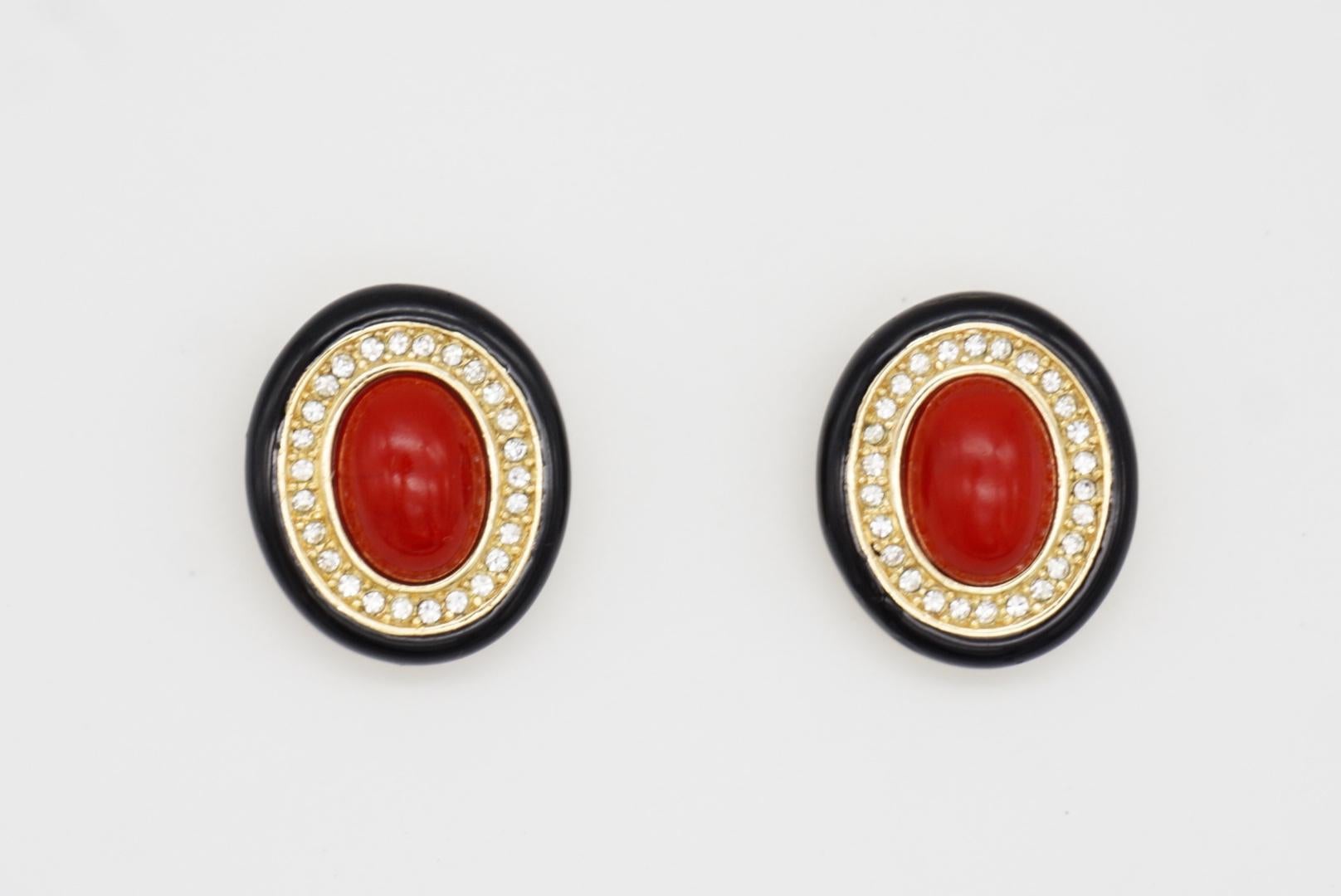 Christian Dior GROSSE 1970s Large Red Oval Pearl Crystals Black Clip Earrings For Sale 2