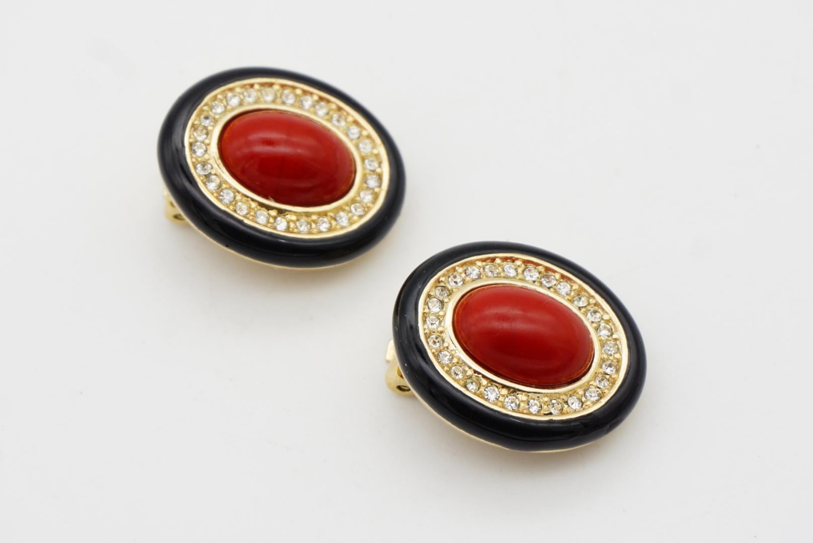 Christian Dior GROSSE 1970s Large Red Oval Pearl Crystals Black Clip Earrings For Sale 3