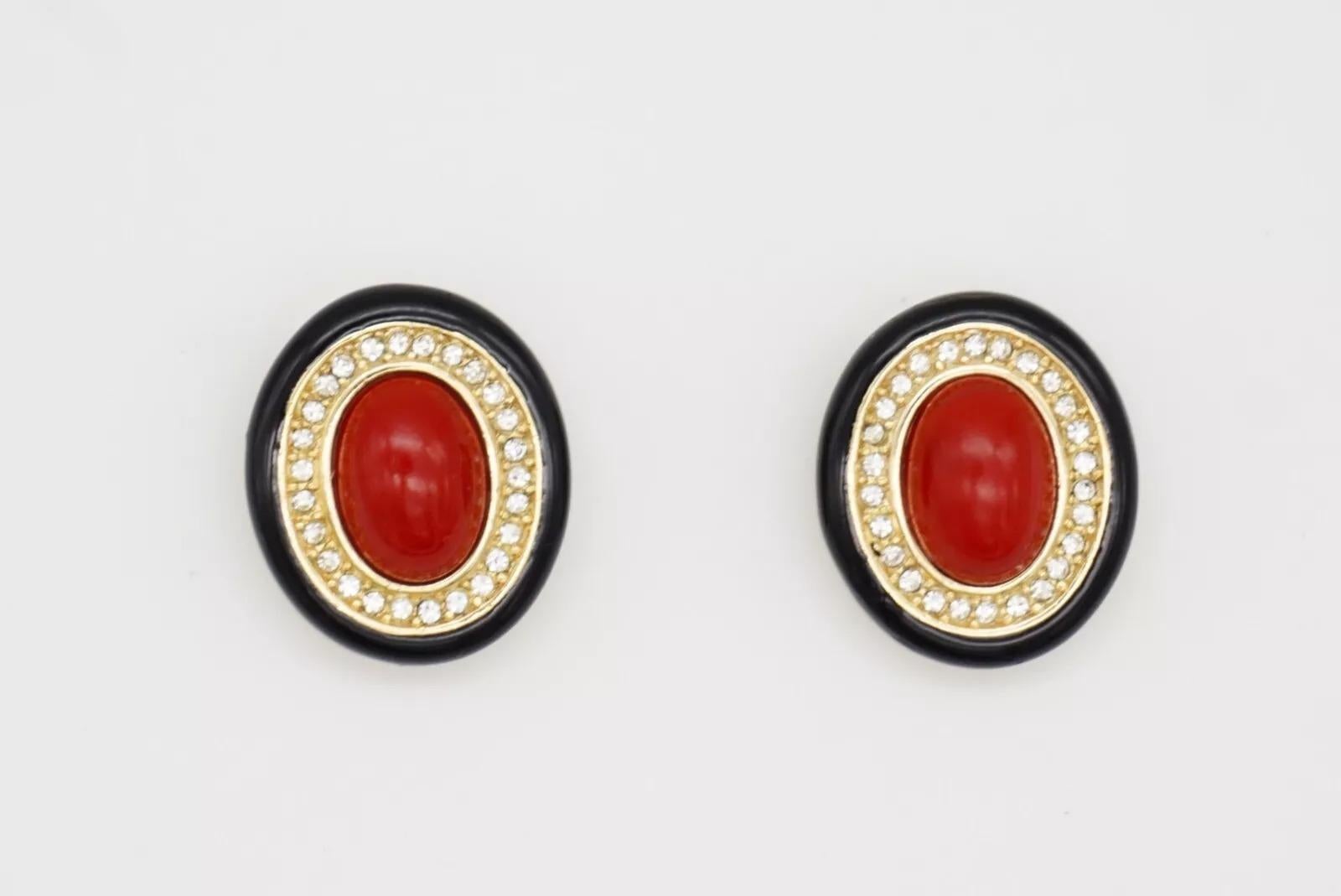 Christian Dior GROSSE 1970s Large Red Oval Pearl Crystals Black Clip Earrings For Sale 3