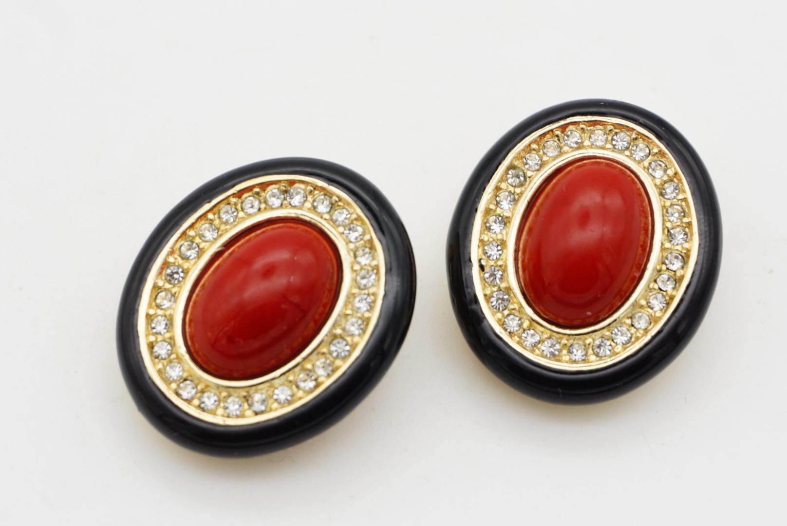 Christian Dior GROSSE 1970s Large Red Oval Pearl Crystals Black Clip Earrings For Sale 4