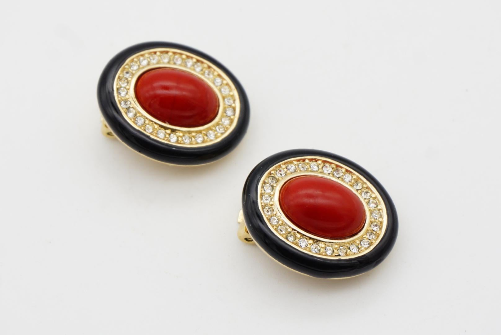 Christian Dior GROSSE 1970s Large Red Oval Pearl Crystals Black Clip Earrings For Sale 4