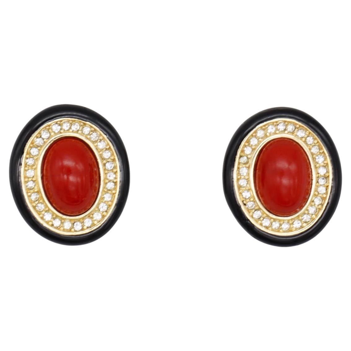 Christian Dior GROSSE 1970s Large Red Oval Pearl Crystals Black Clip Earrings For Sale