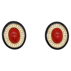 Vintage Christian Dior GROSSE 1970s Large Red Oval Pearl Crystals Black Clip Earrings