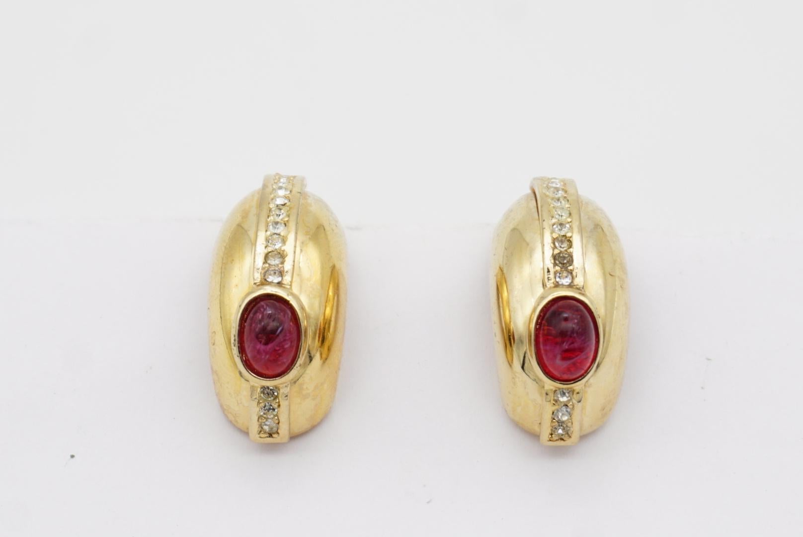 Christian Dior GROSSE 1970s Large Ruby Oval Crystal Half Hoop Dome Clip Earrings 6