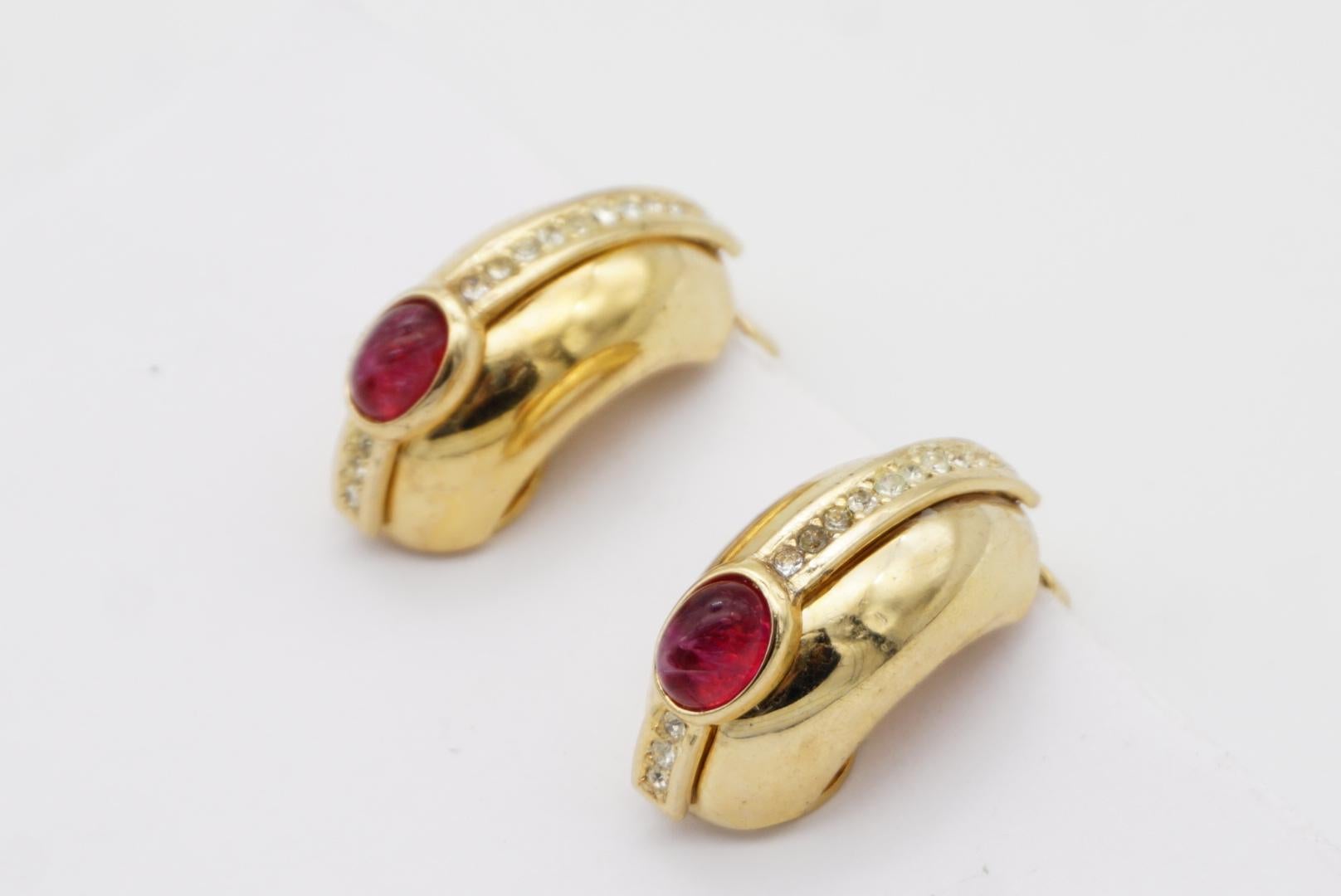 Christian Dior GROSSE 1970s Large Ruby Oval Crystal Half Hoop Dome Clip Earrings 7