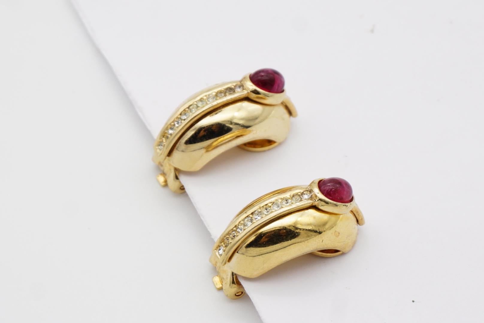 Christian Dior GROSSE 1970s Large Ruby Oval Crystal Half Hoop Dome Clip Earrings 9