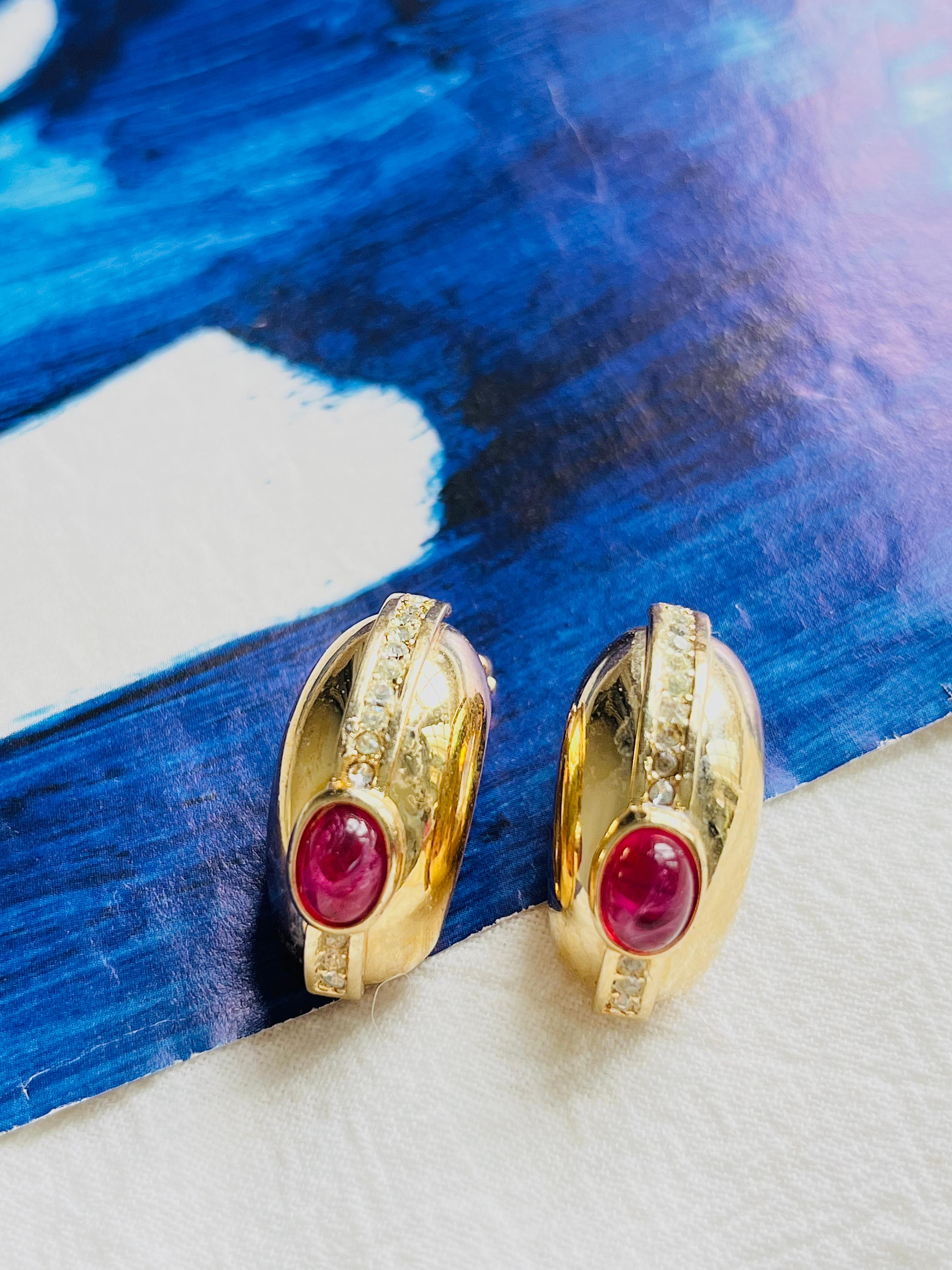 Art Deco Christian Dior GROSSE 1970s Large Ruby Oval Crystal Half Hoop Dome Clip Earrings