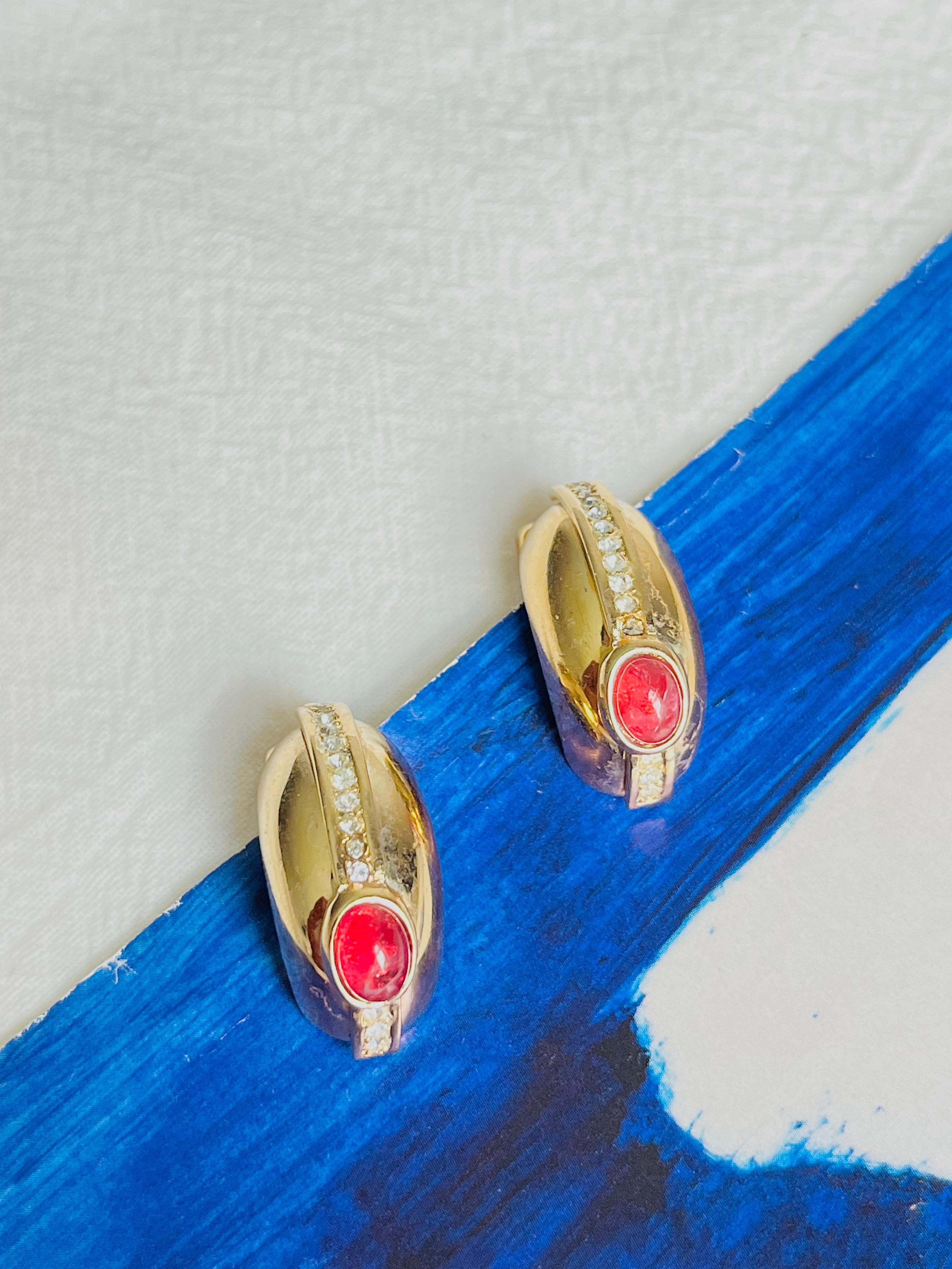 Christian Dior GROSSE 1970s Large Ruby Oval Crystal Half Hoop Dome Clip Earrings 1