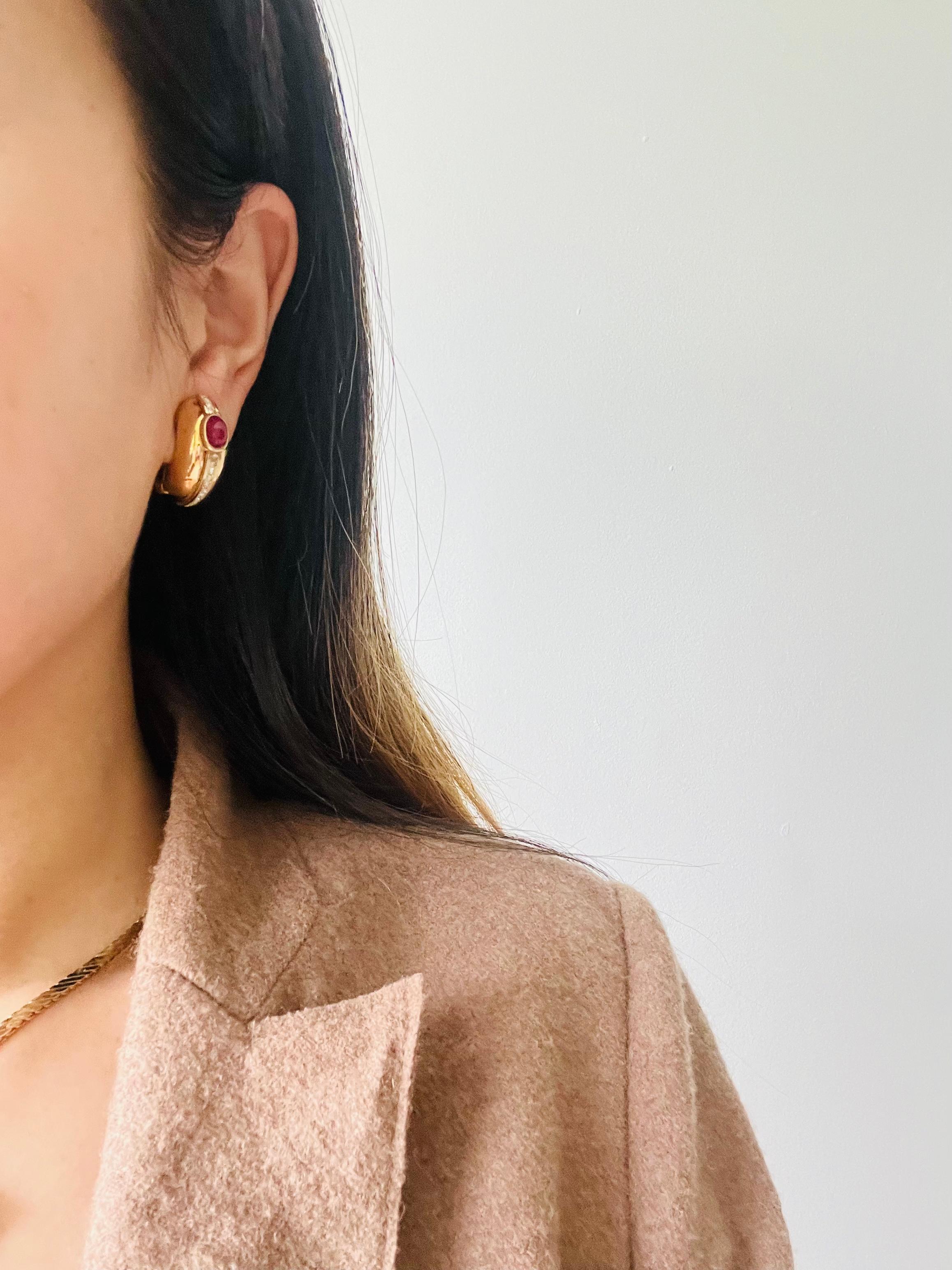 Christian Dior GROSSE 1970s Large Ruby Oval Crystal Half Hoop Dome Clip Earrings 2