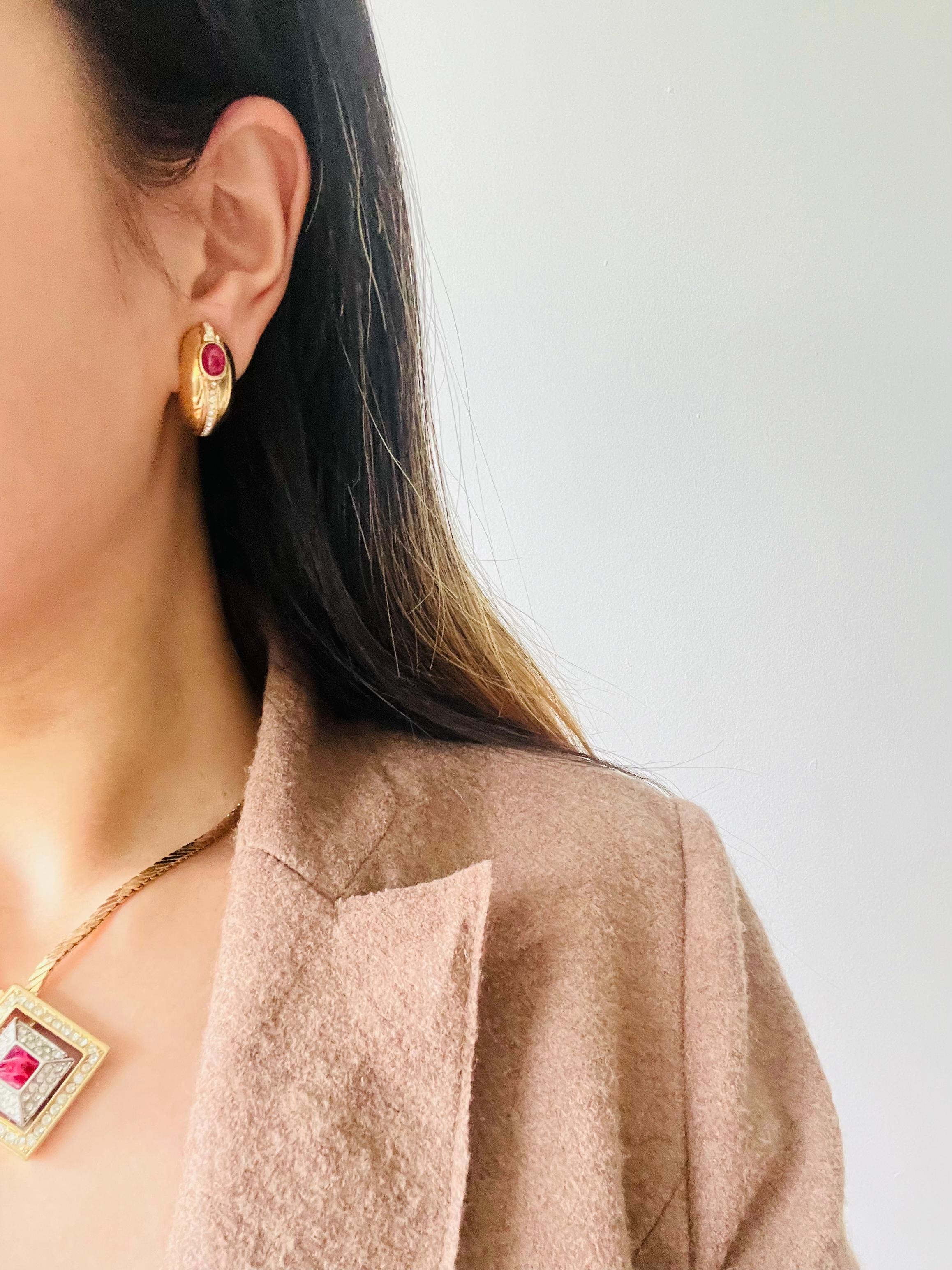 Christian Dior GROSSE 1970s Large Ruby Oval Crystal Half Hoop Dome Clip Earrings 3