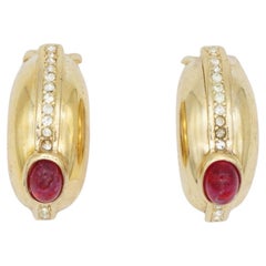 Vintage Christian Dior GROSSE 1970s Large Ruby Oval Crystal Half Hoop Dome Clip Earrings