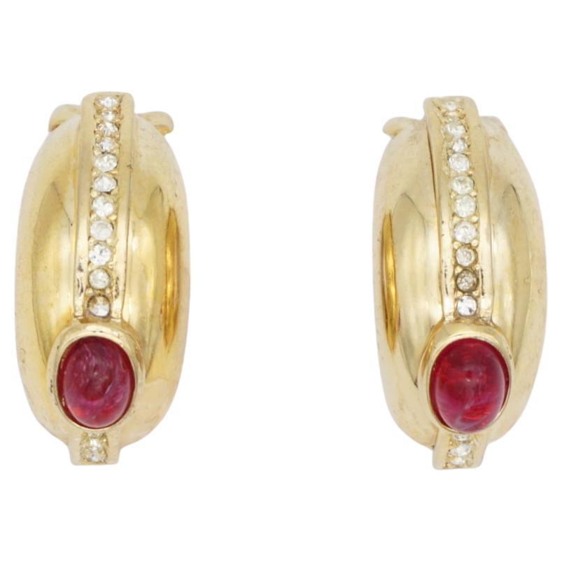 Christian Dior GROSSE 1970s Large Ruby Oval Crystal Half Hoop Dome Clip Earrings