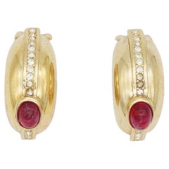 Christian Dior GROSSE 1970s Large Ruby Oval Crystal Half Hoop Dome Clip Earrings
