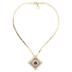 Christian Dior GROSSE 1970s Openwork Square Ruby Crystals Gold Pendant Necklace