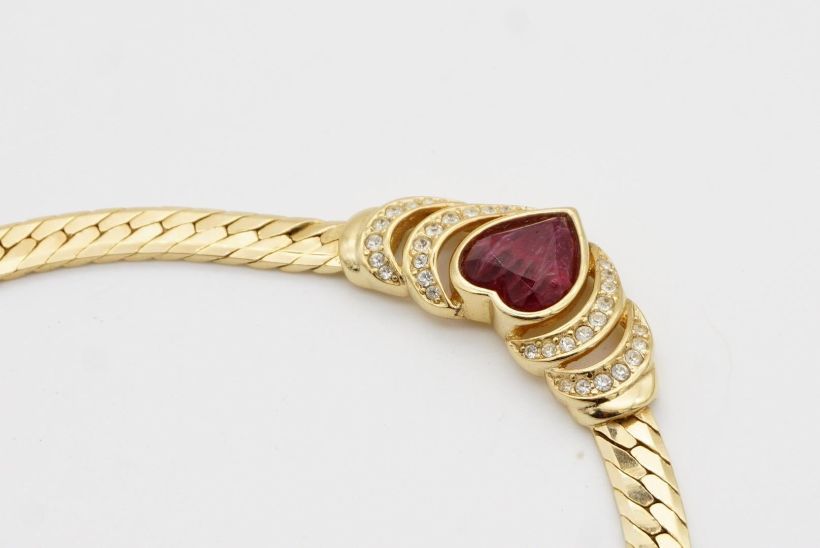 Christian Dior GROSSE 1970s Ruby Heart Crystals Openwork Pendant Gold Necklace 6