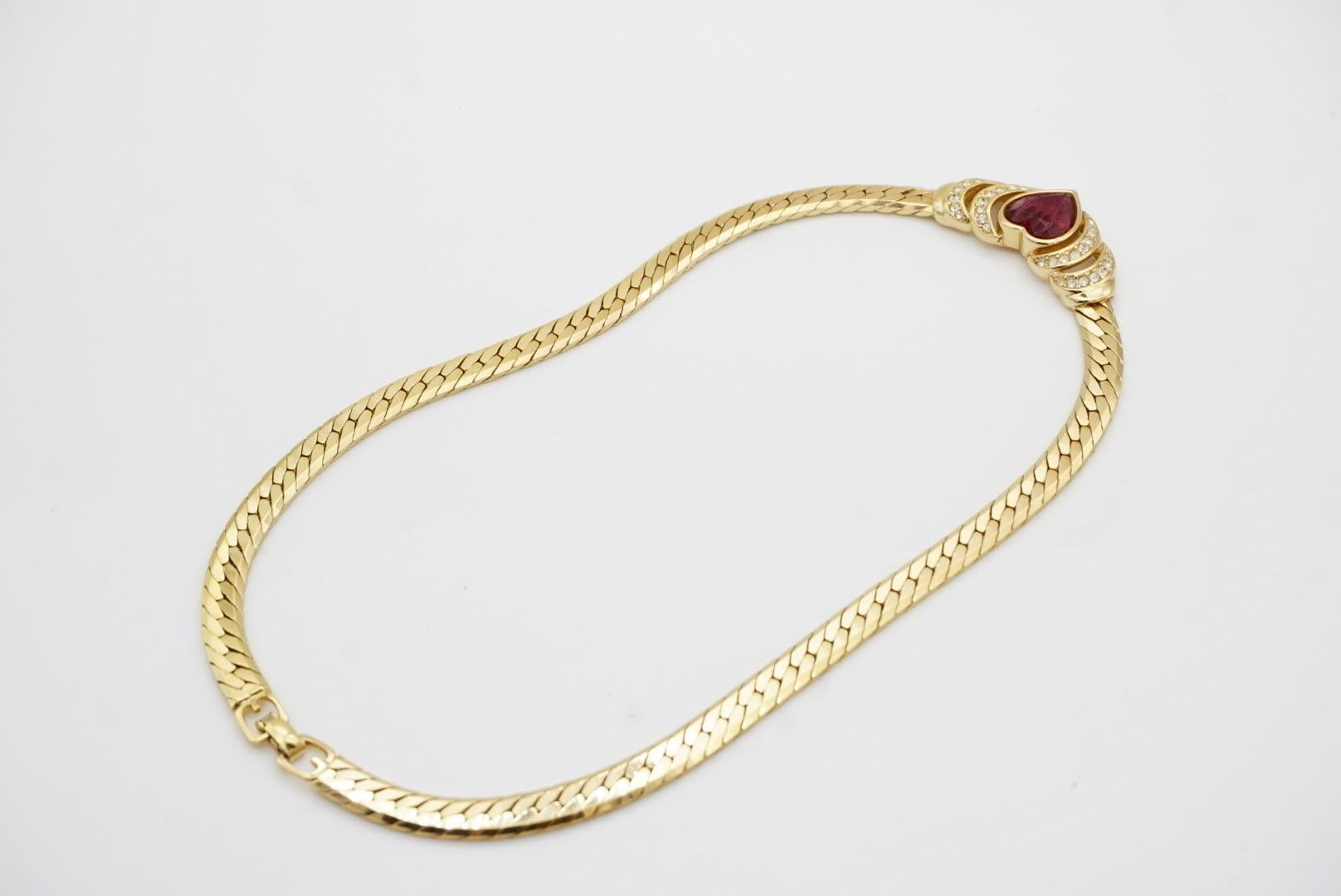 Christian Dior GROSSE 1970s Ruby Heart Crystals Openwork Pendant Gold Necklace 7
