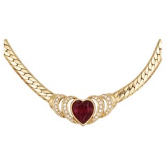 Christian Dior GROSSE 1970s Ruby Heart Crystals Openwork Pendant Gold Necklace