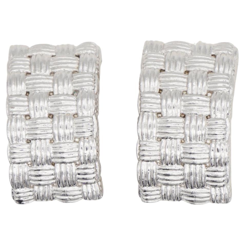 Christian Dior GROSSE 1970s Silver Basket Weave Rectangle Dome Clip Earrings