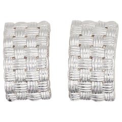 Christian Dior GROSSE 1970 Argent Basket Weave Rectangle Dome Clip Earrings