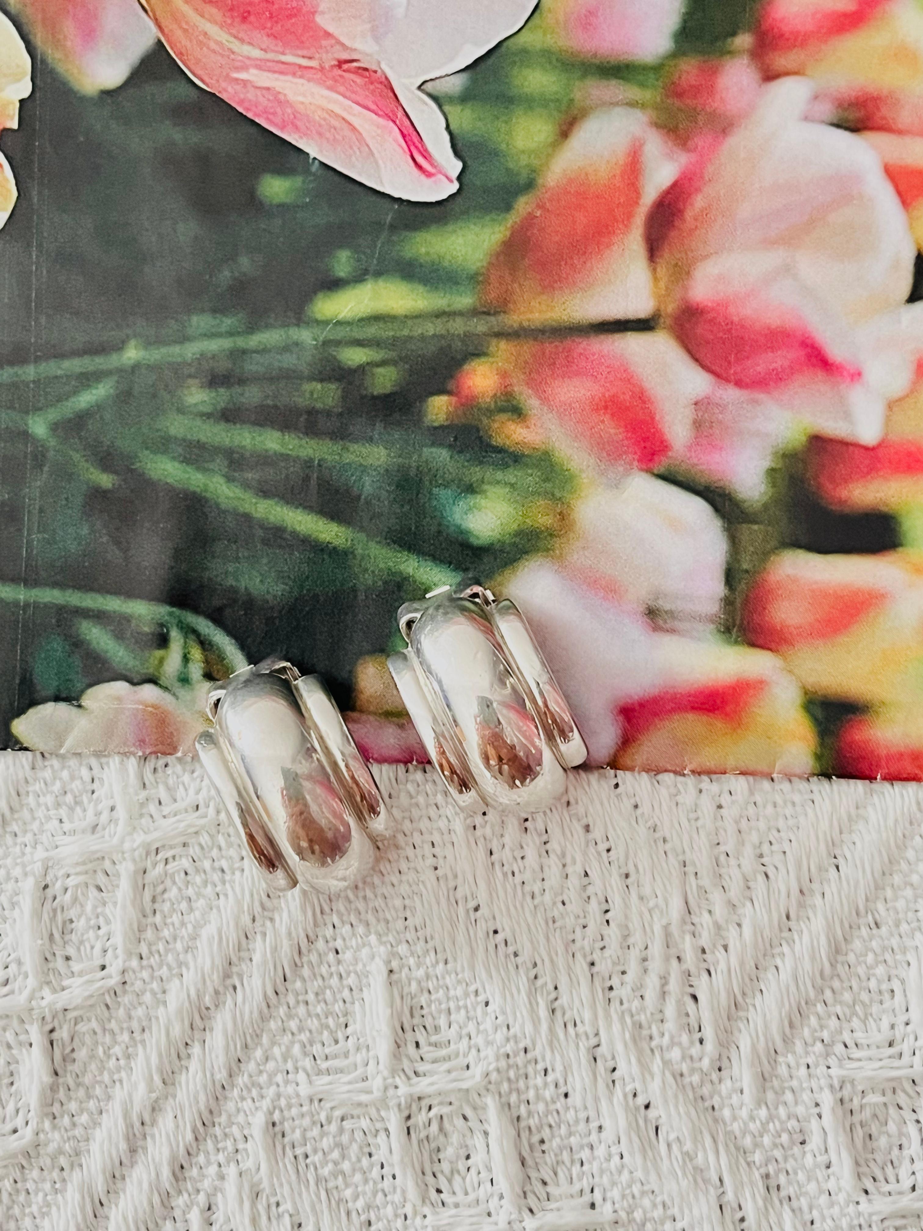 Art Deco Christian Dior GROSSE 1970s Textured Glow Hoop Dome Chunky Silver Clip Earrings For Sale