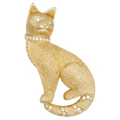 Vintage Christian Dior GROSSE 1970s Textured Vivid Cute Cat Sit Crystals Chunky Brooch