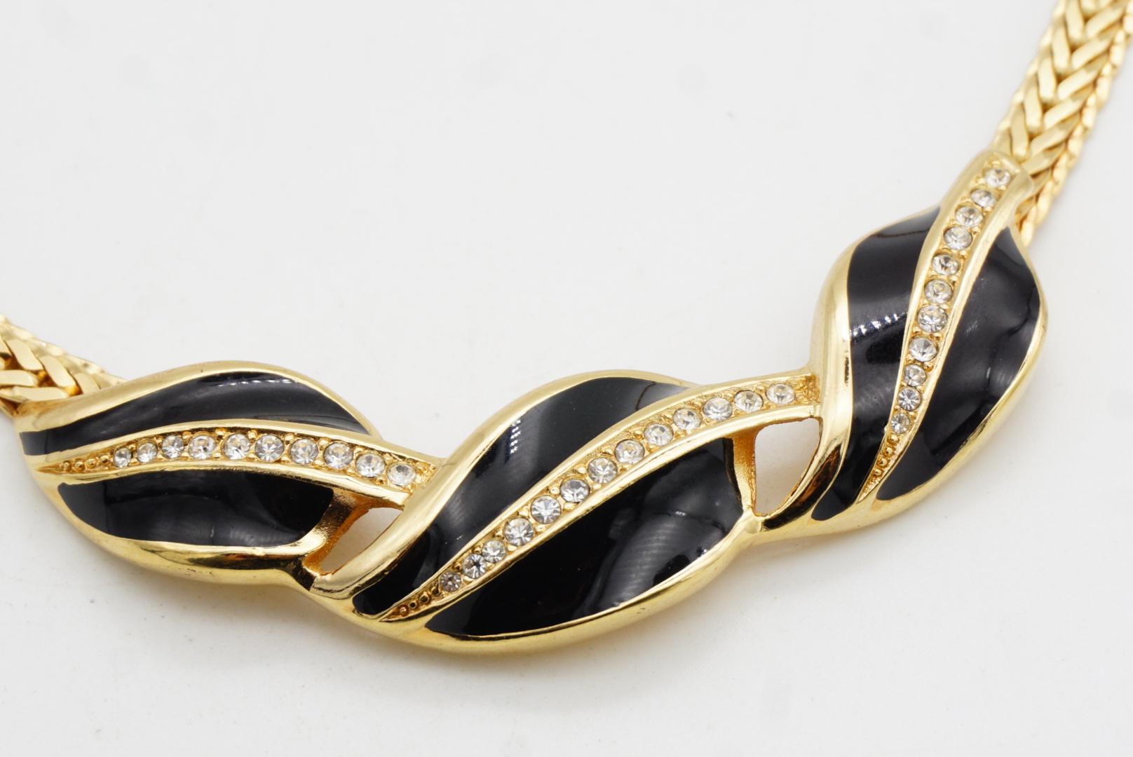Christian Dior GROSSE 1970s Trio Foglie Smalto Nero Cristalli Collana intrecciata in vendita 7
