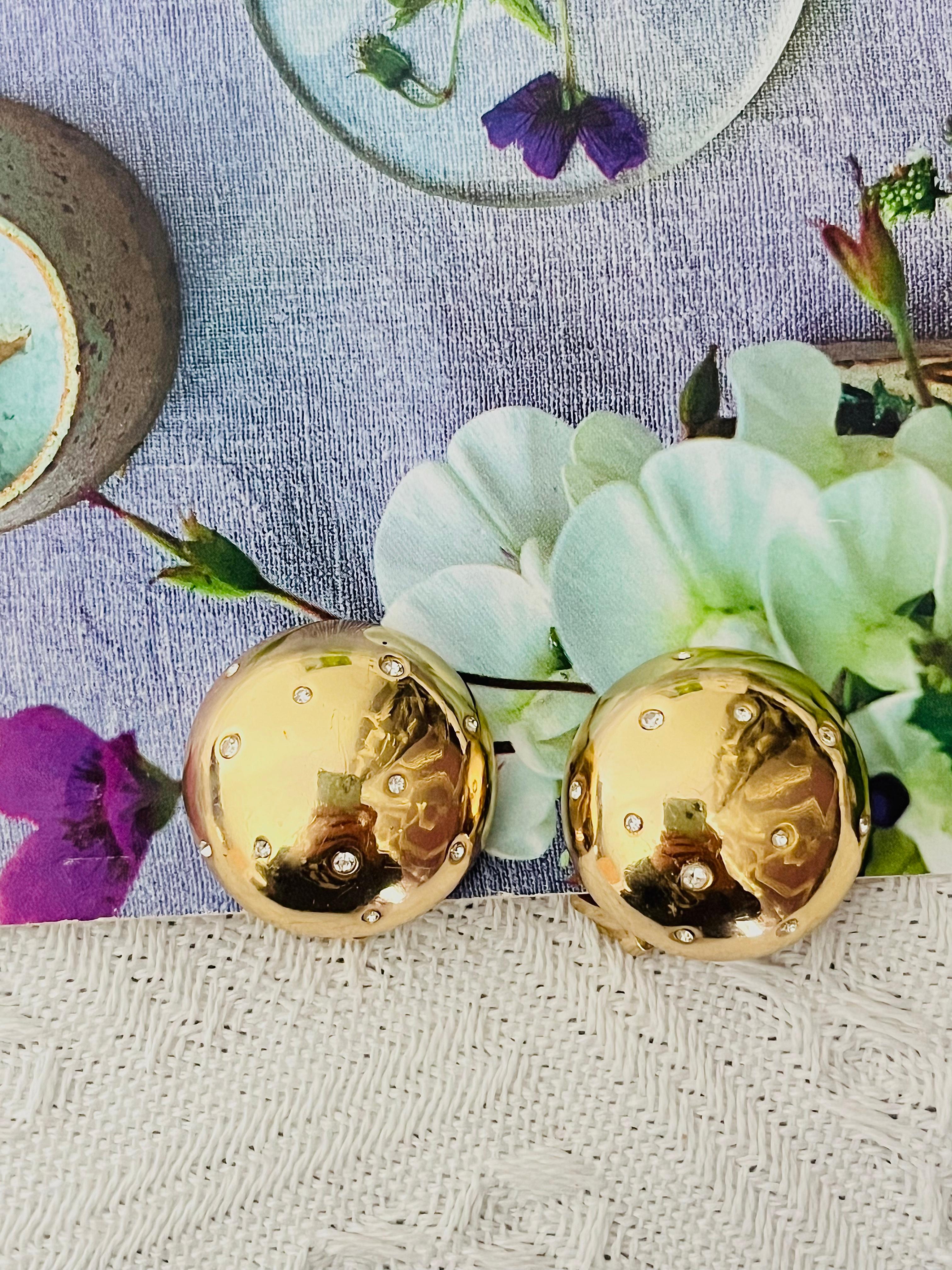 Art Deco Christian Dior GROSSE 1970s Vintage Glow Circle Crystal Dome Clip Gold Earrings For Sale