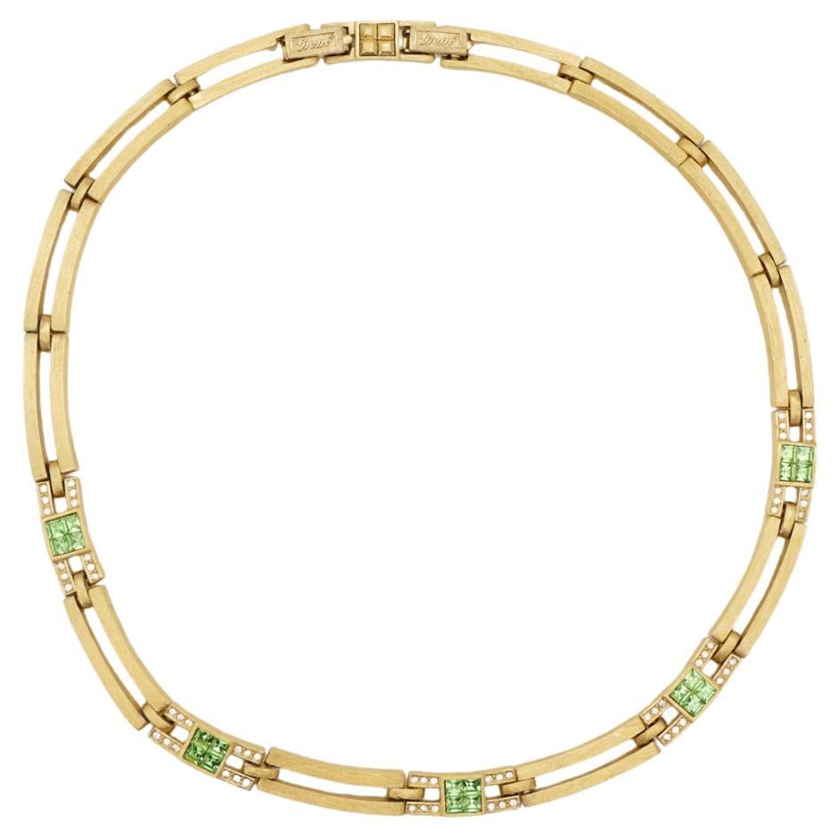 Christian Dior GROSSE 1970s Vintage Interlinked Emerald Crystals Gold Necklace For Sale