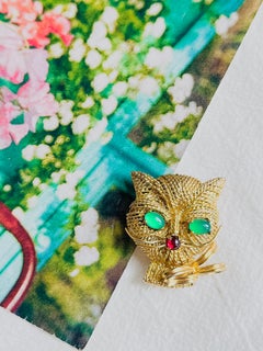 Christian Dior GROSSE 1971 Cat Kitten Emerald Eyes Ruby Mouth Openwork Brooch