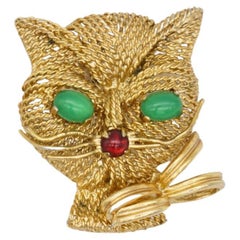 Retro Christian Dior GROSSE 1971 Cat Kitten Emerald Eyes Ruby Mouth Openwork Brooch
