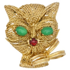Vintage Christian Dior GROSSE 1971 Cat Kitten Emerald Eyes Ruby Mouth Openwork Brooch