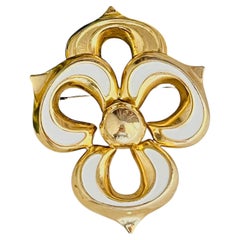 Christian Dior GROSSE 1972 Gold Large White Interlocked Clover Pendant Brooch