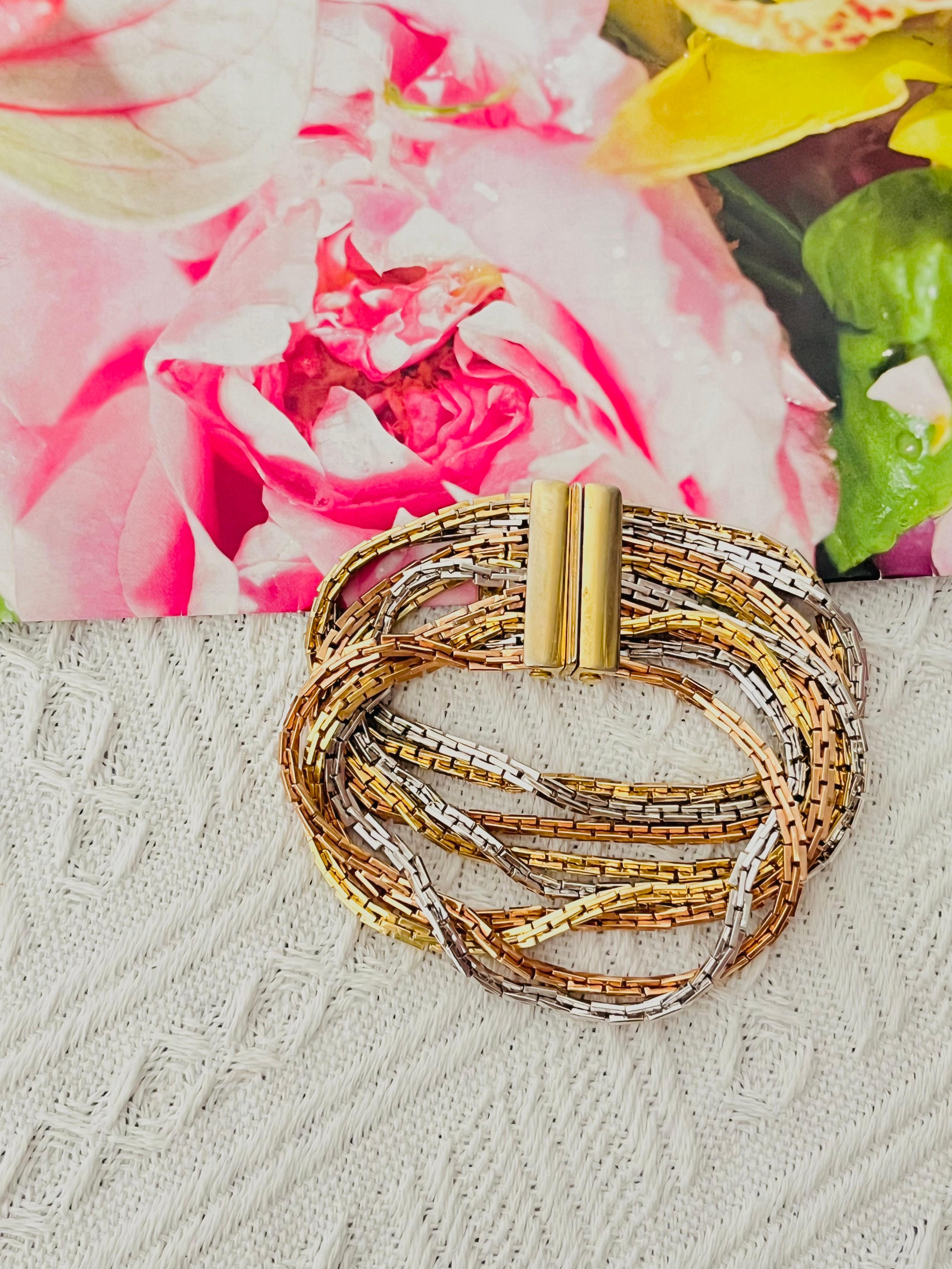 Art Deco Christian Dior GROSSE 1974 Gold Silver Pink Rose 9 Strands Box Linked Bracelet For Sale