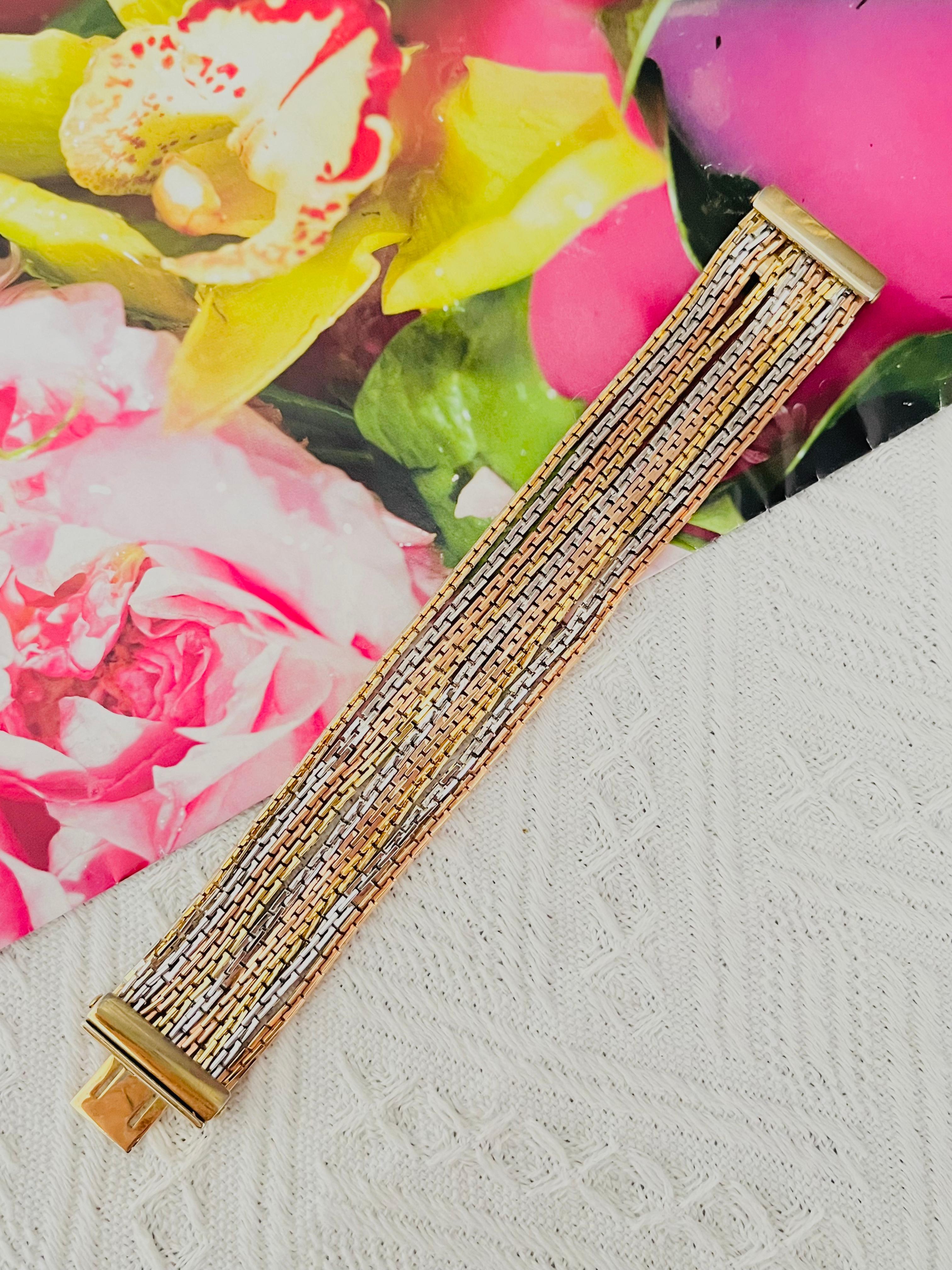Christian Dior GROSSE 1974 Gold Silver Pink Rose 9 Strands Box Linked Bracelet In Good Condition For Sale In Wokingham, England