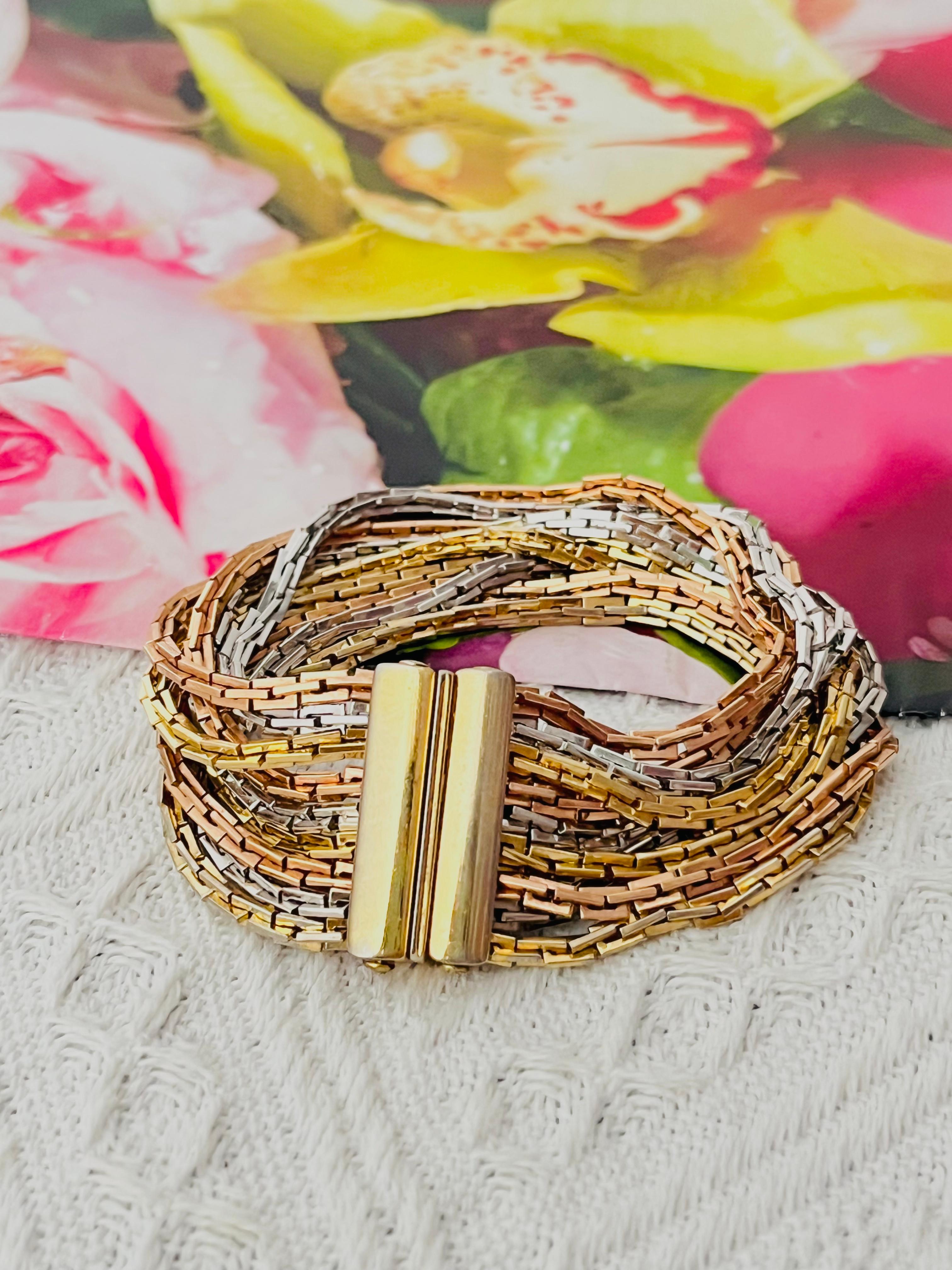 Women's or Men's Christian Dior GROSSE 1974 Gold Silver Pink Rose 9 Strands Box Linked Bracelet For Sale