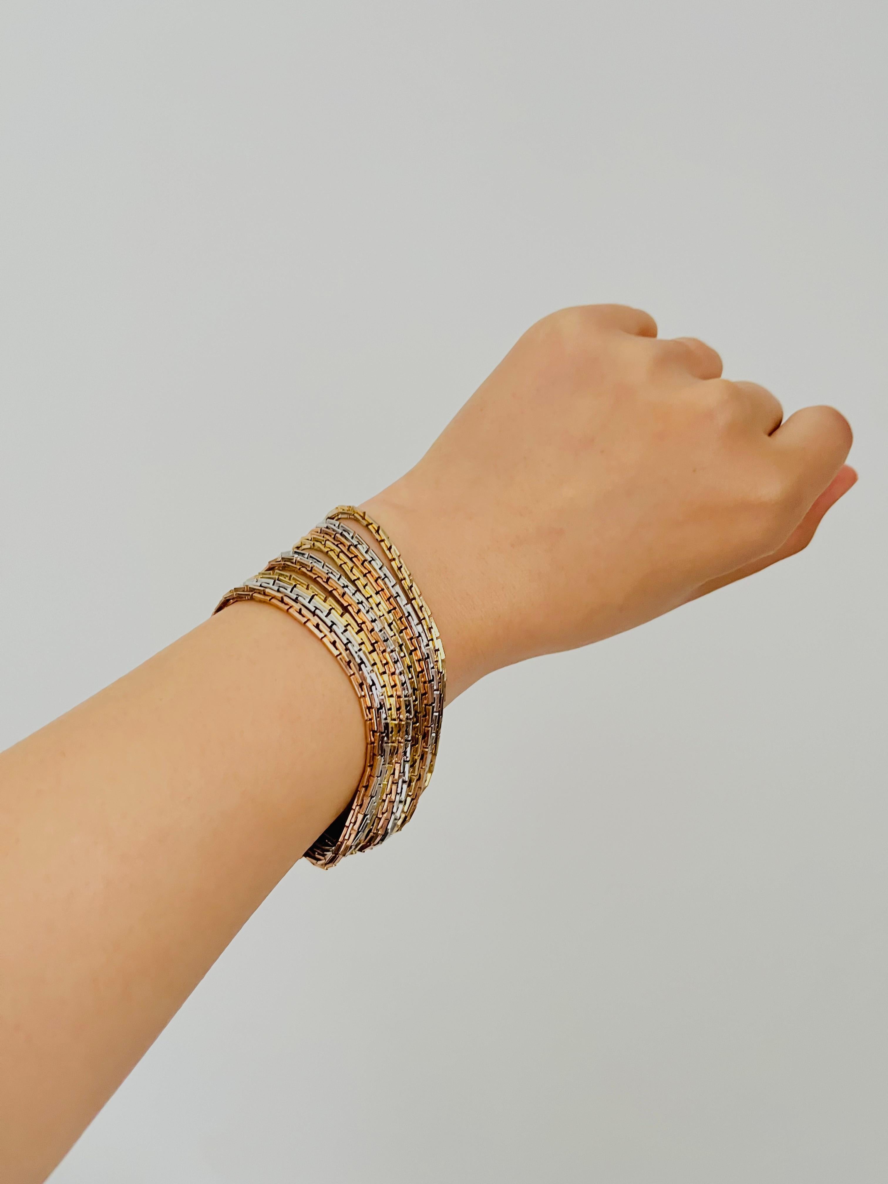Christian Dior GROSSE 1974 Gold Silver Pink Rose 9 Strands Box Linked Bracelet For Sale 1