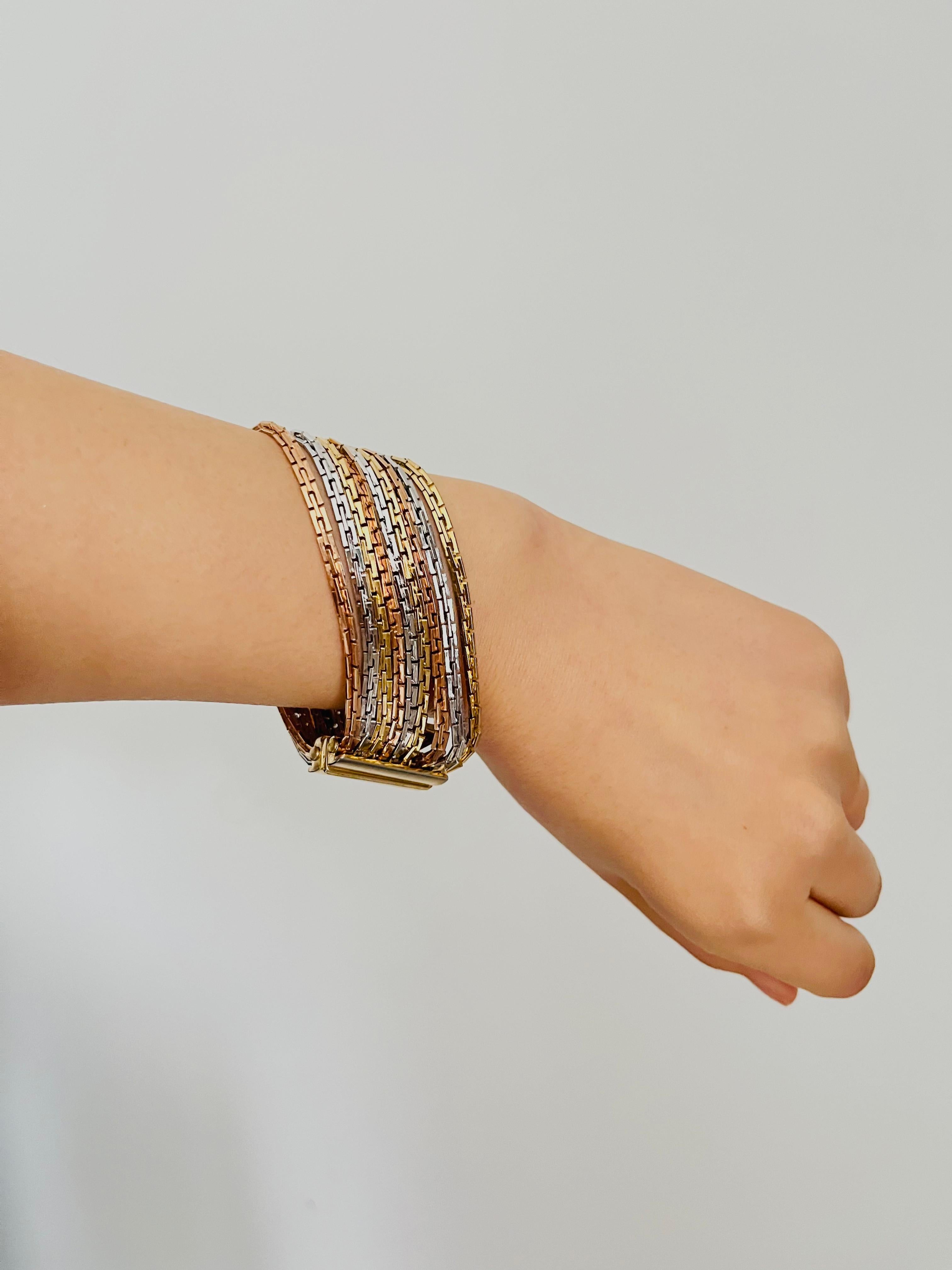 Christian Dior GROSSE 1974 Gold Silver Pink Rose 9 Strands Box Linked Bracelet For Sale 3