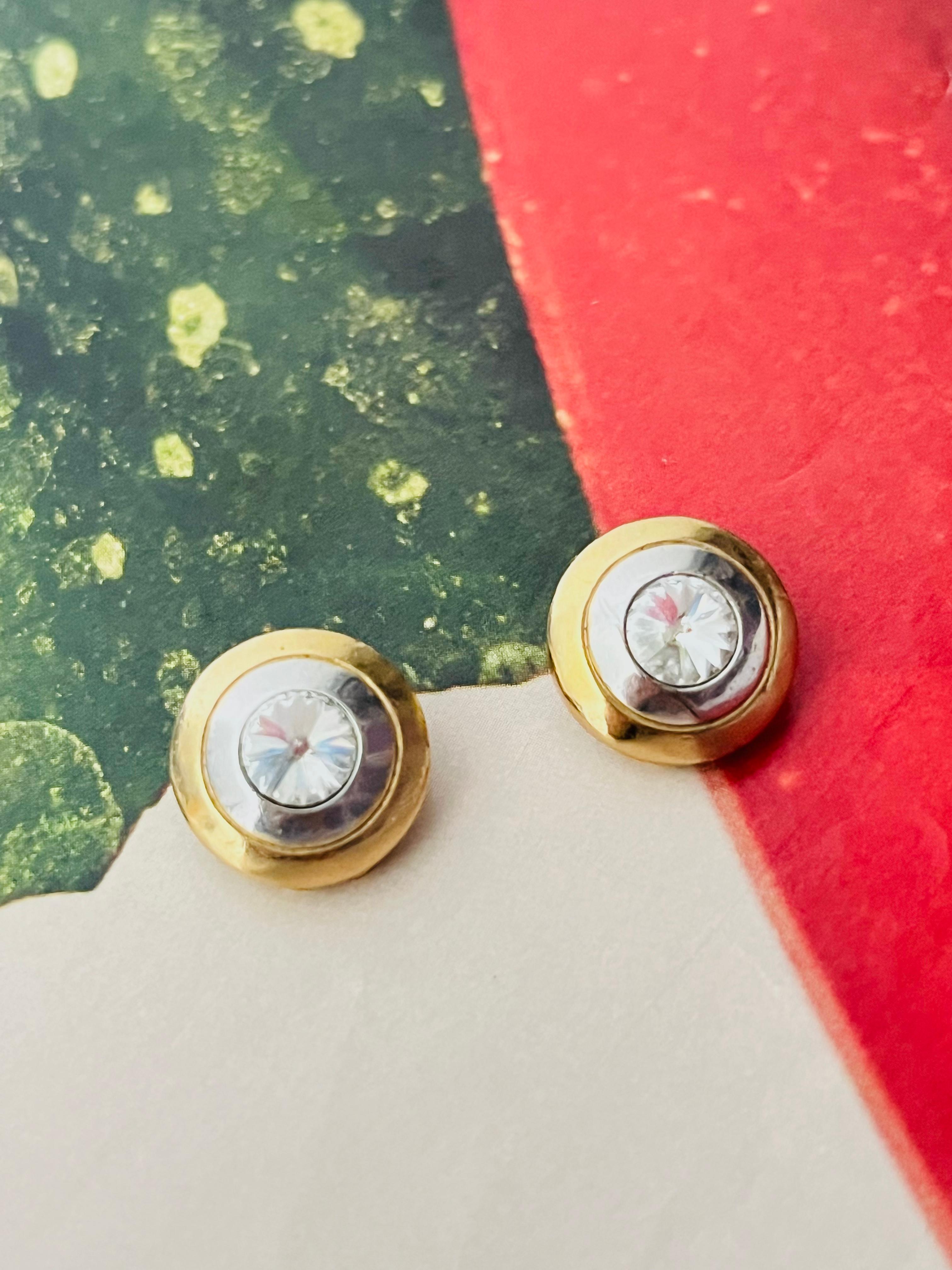 Art Deco Christian Dior GROSSE 1980s Trio Circle Crystal Silver Gold Dome Clip Earrings For Sale