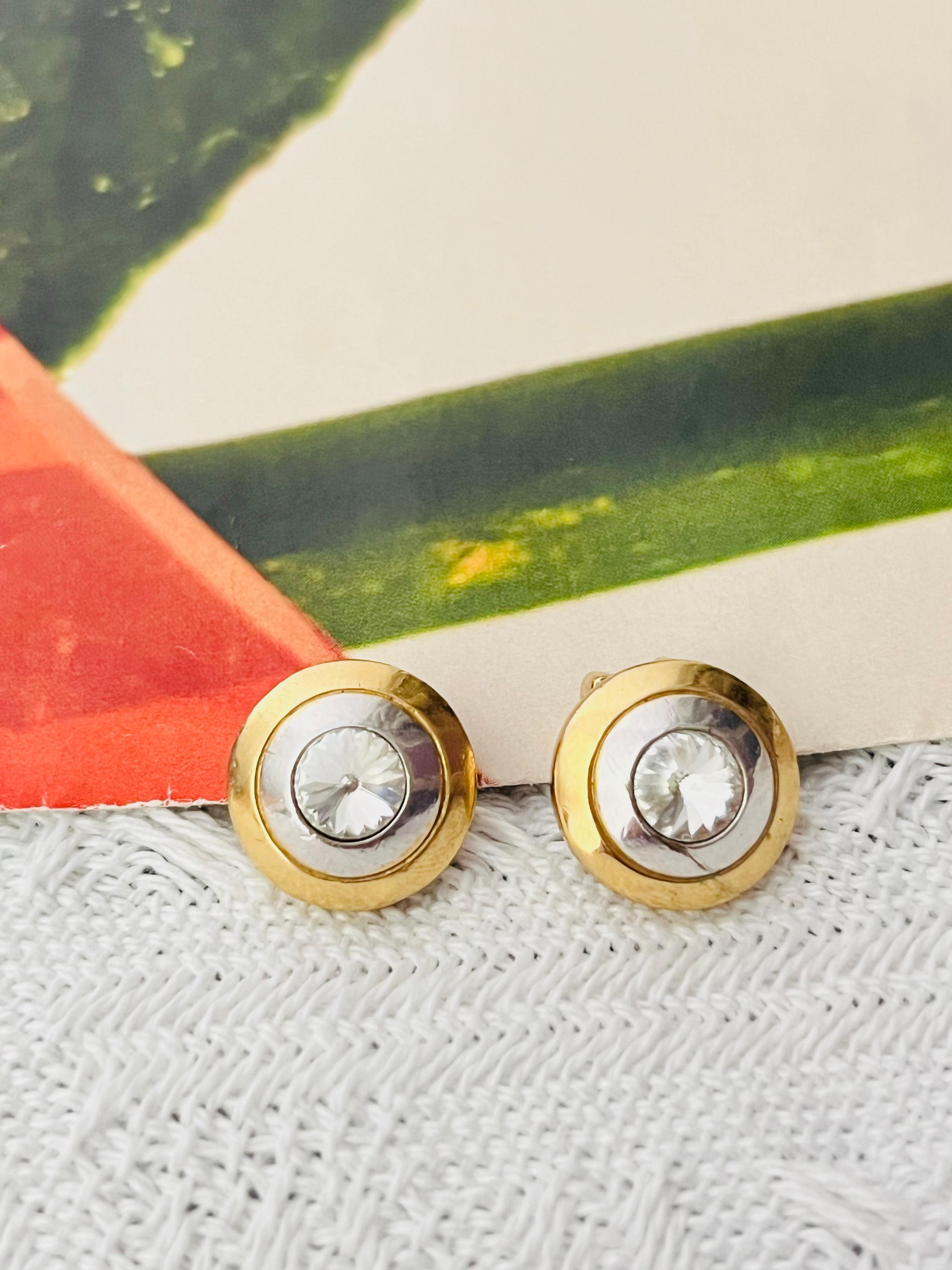 Christian Dior GROSSE 1980s Trio Circle Crystal Silver Gold Dome Clip Earrings In Good Condition For Sale In Wokingham, England