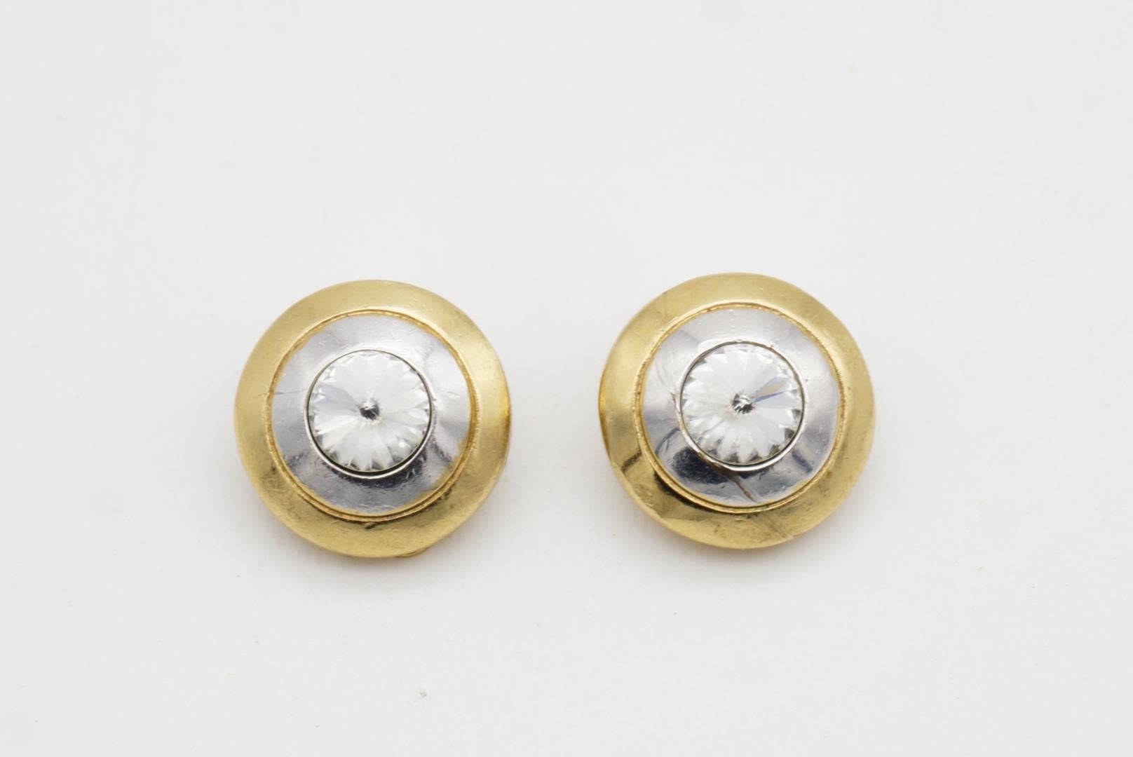 Christian Dior GROSSE 1980s Trio Circle Crystal Silver Gold Dome Clip Earrings For Sale 2
