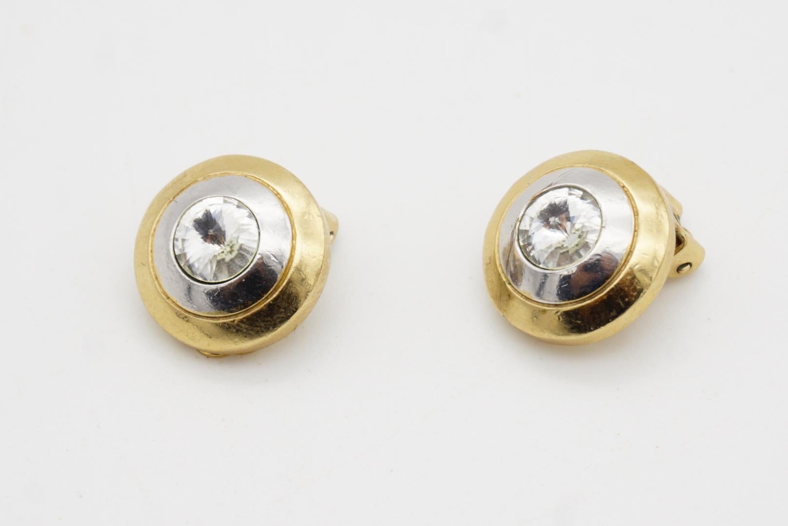 Christian Dior GROSSE 1980s Trio Circle Crystal Silver Gold Dome Clip Earrings For Sale 3