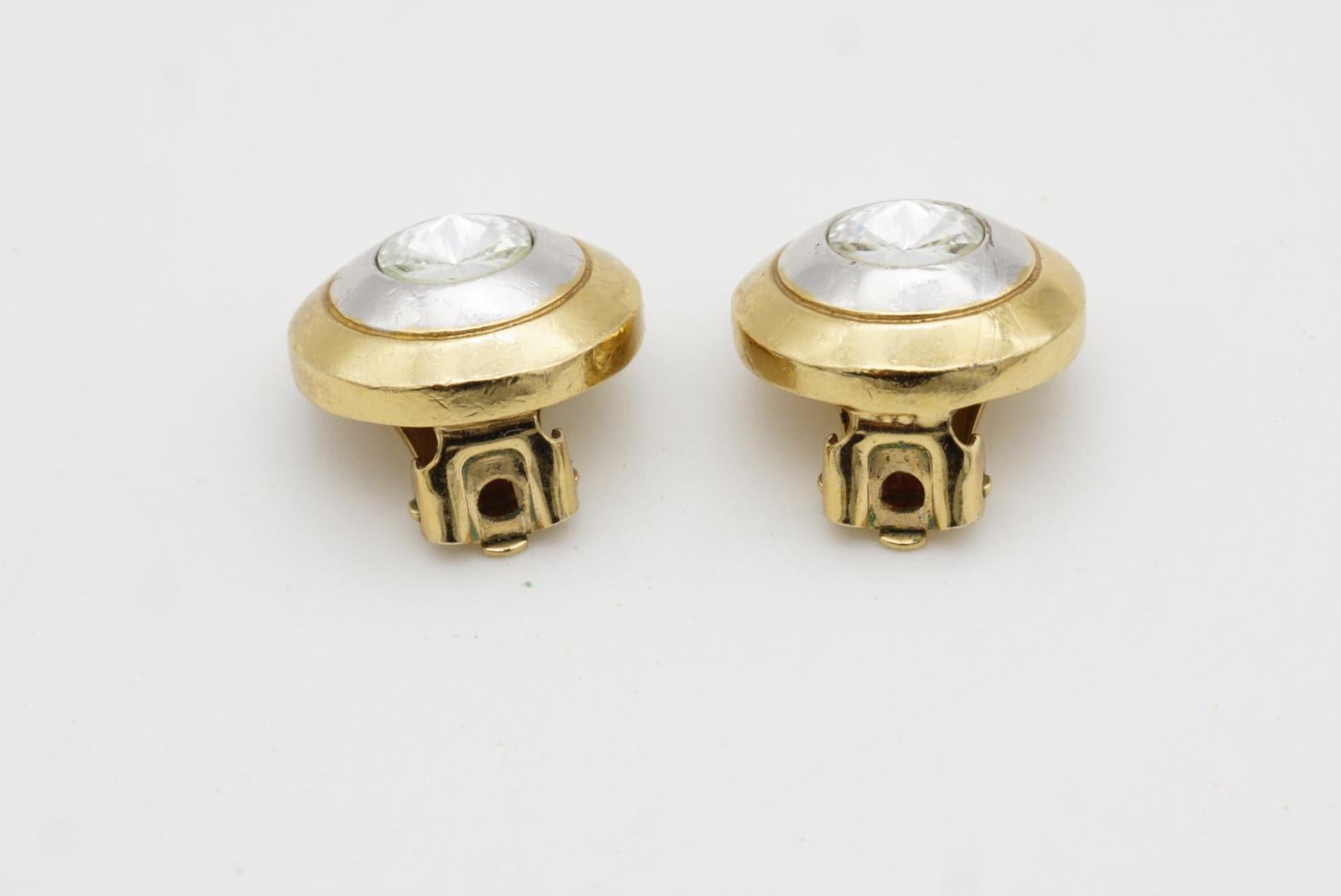 Christian Dior GROSSE 1980s Trio Circle Crystal Silver Gold Dome Clip Earrings For Sale 4