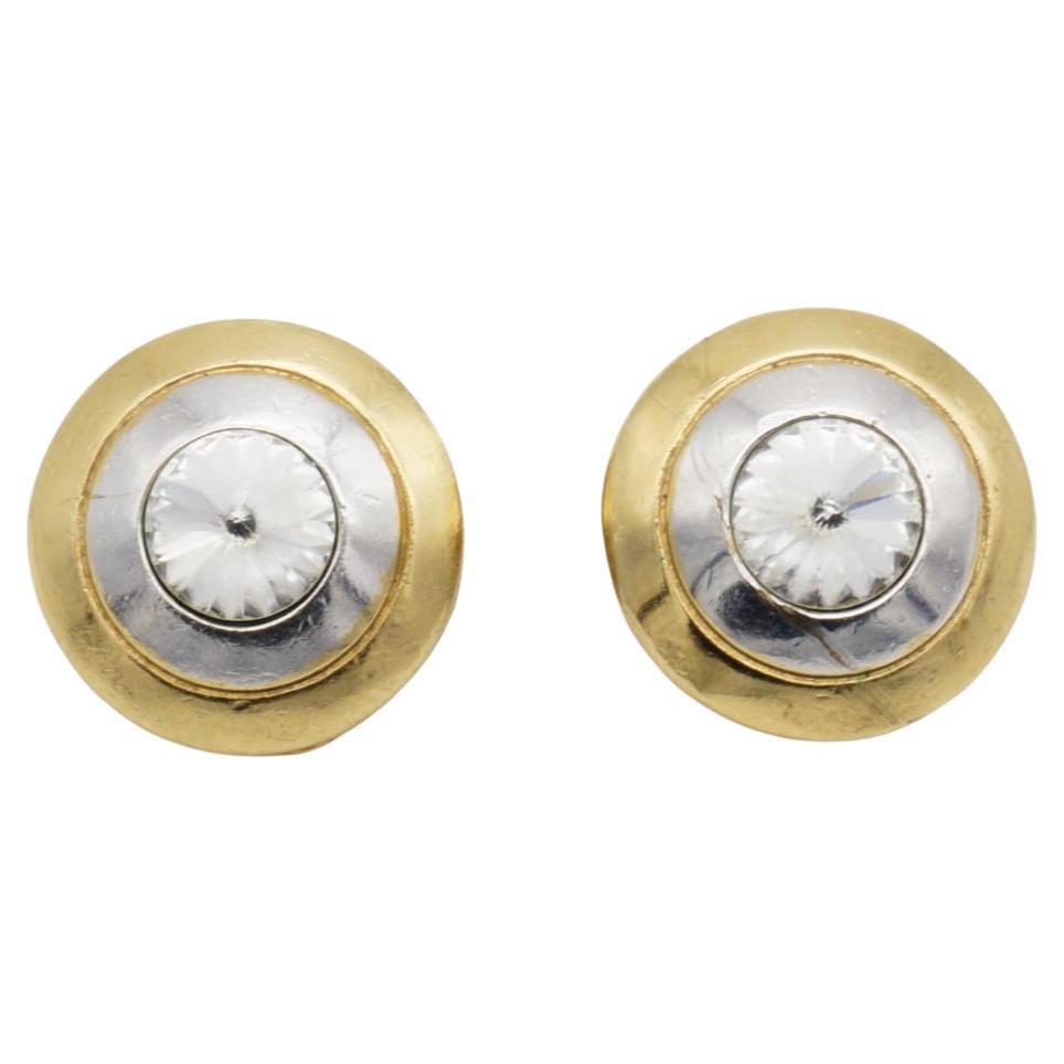 Christian Dior GROSSE 1980s Trio Circle Crystal Silver Gold Dome Clip Earrings For Sale