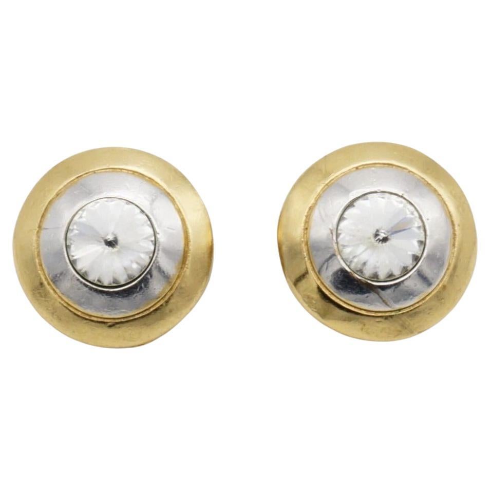 Christian Dior GROSSE 1980 Trio Circle Crystal Silver Gold Dome Clips Earrings en vente