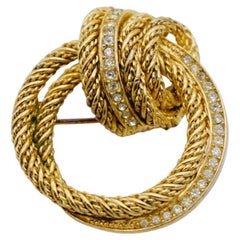 Christian Dior Grosse 1980 Vintage Crystals Hoop Knot Twist Rope Gold Brooch